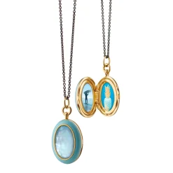 Blue Enamel Vermeil Oval Locket with Blue Topaz
