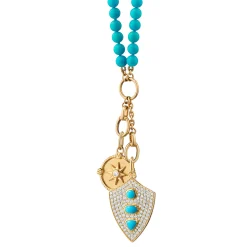 Fearless Turquoise and Pave Diamond Shield and "Adventure" Mini Compass Charm Necklace