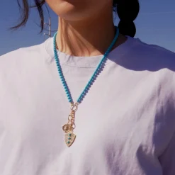 Fearless Turquoise and Pave Diamond Shield and "Adventure" Mini Compass Charm Necklace