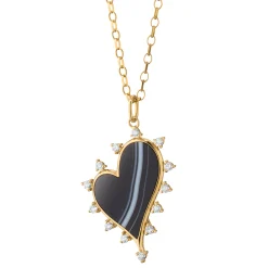 Large Black Agate Heart Necklace with Diamonds