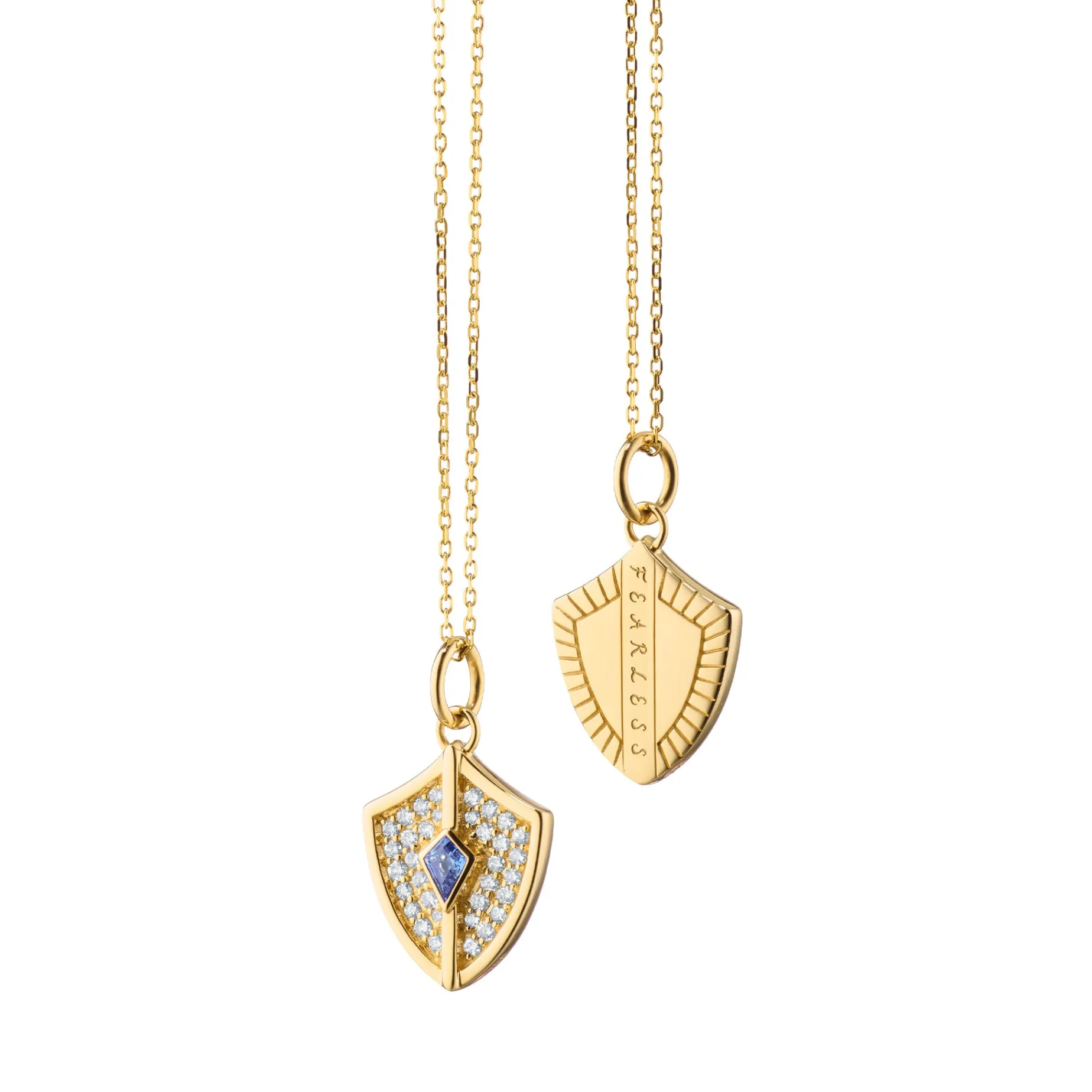 Mini Fearless Shield with Pave Diamonds and Kite Blue Sapphire