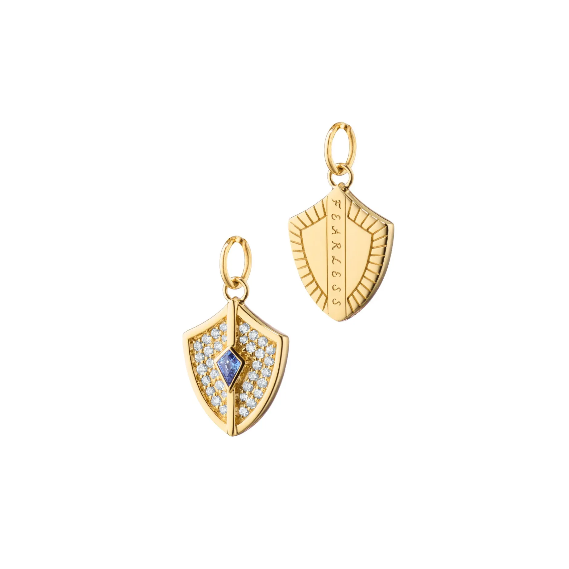 Mini Fearless Shield with Pave Diamonds and Kite Blue Sapphire