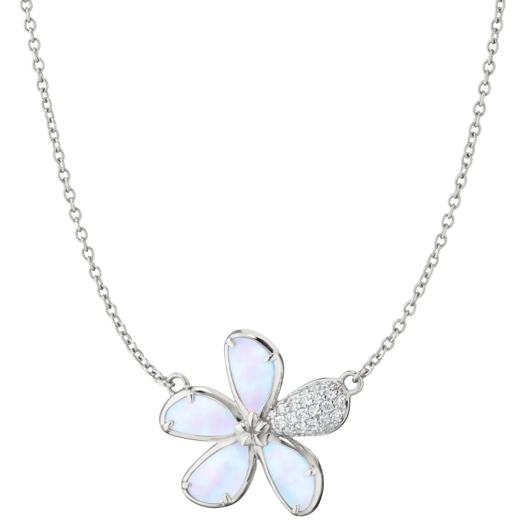 Mother of Pearl Flower Necklace with Pavé White Sapphires
