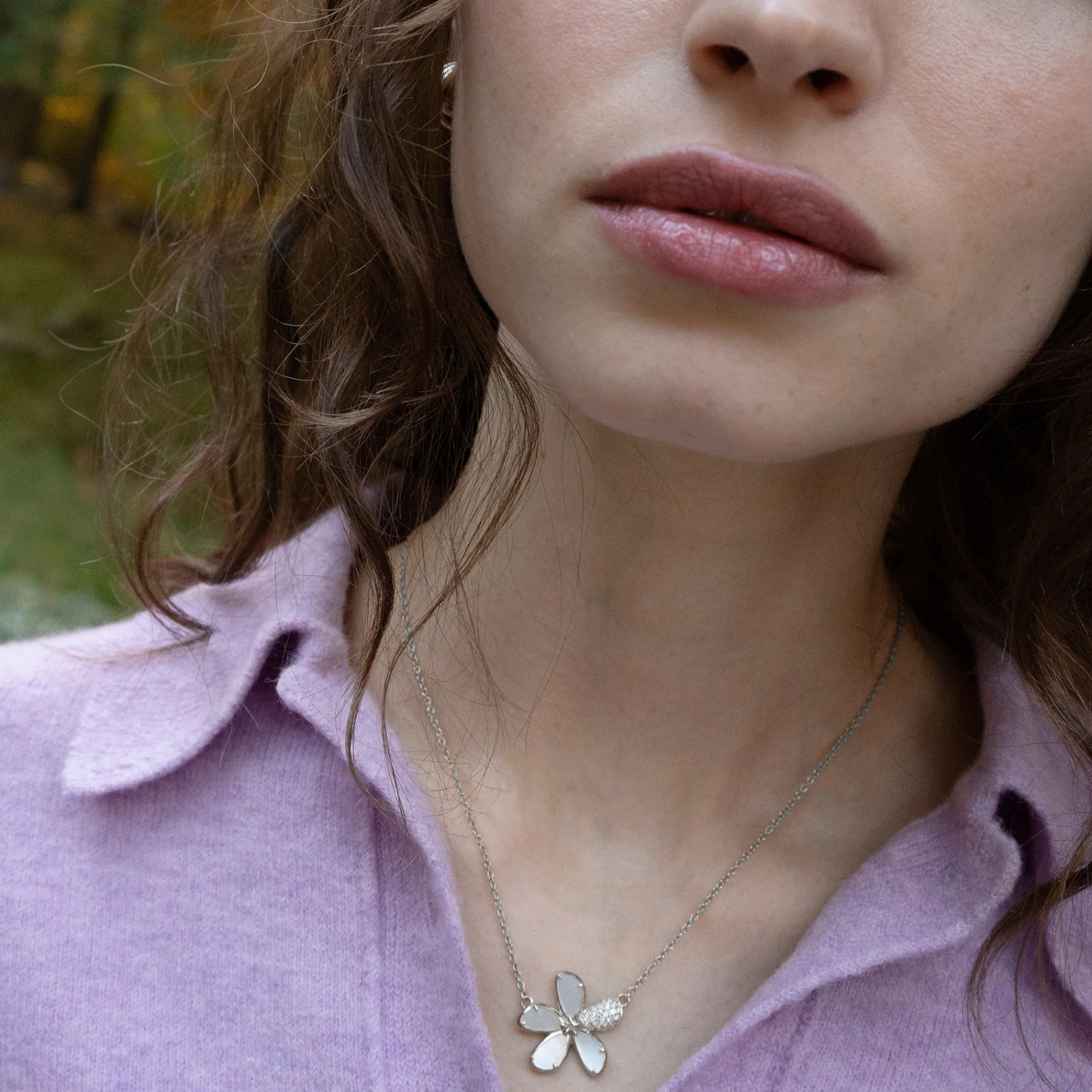 Mother of Pearl Flower Necklace with Pavé White Sapphires