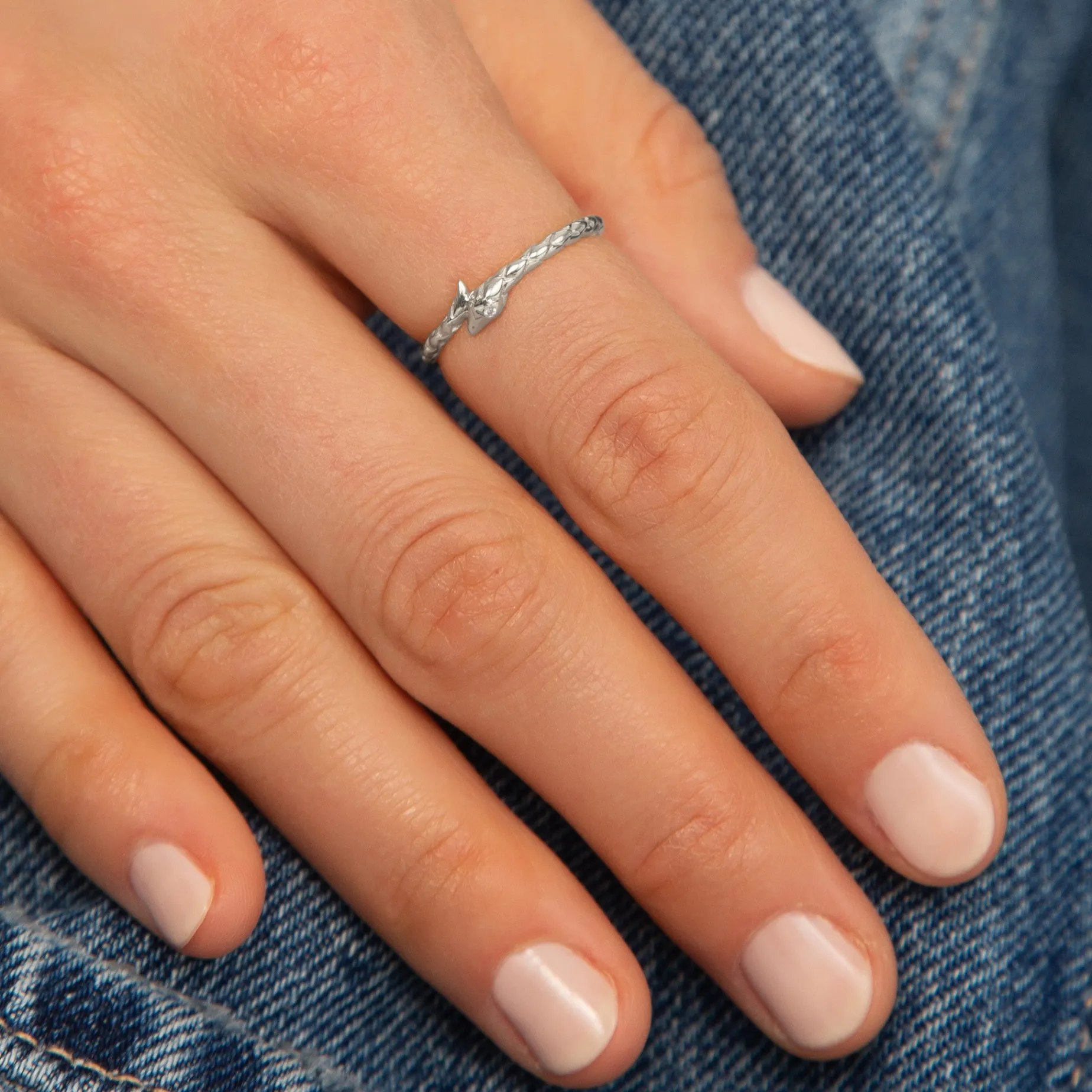 Never Fear Snake Poesy Slim Sterling Silver Stackable Ring