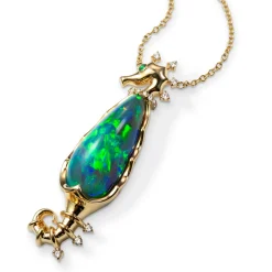 One of a Kind Australian Black Opal, Emerald and Diamond Seahorse Necklace