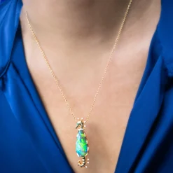 One of a Kind Australian Black Opal, Emerald and Diamond Seahorse Necklace