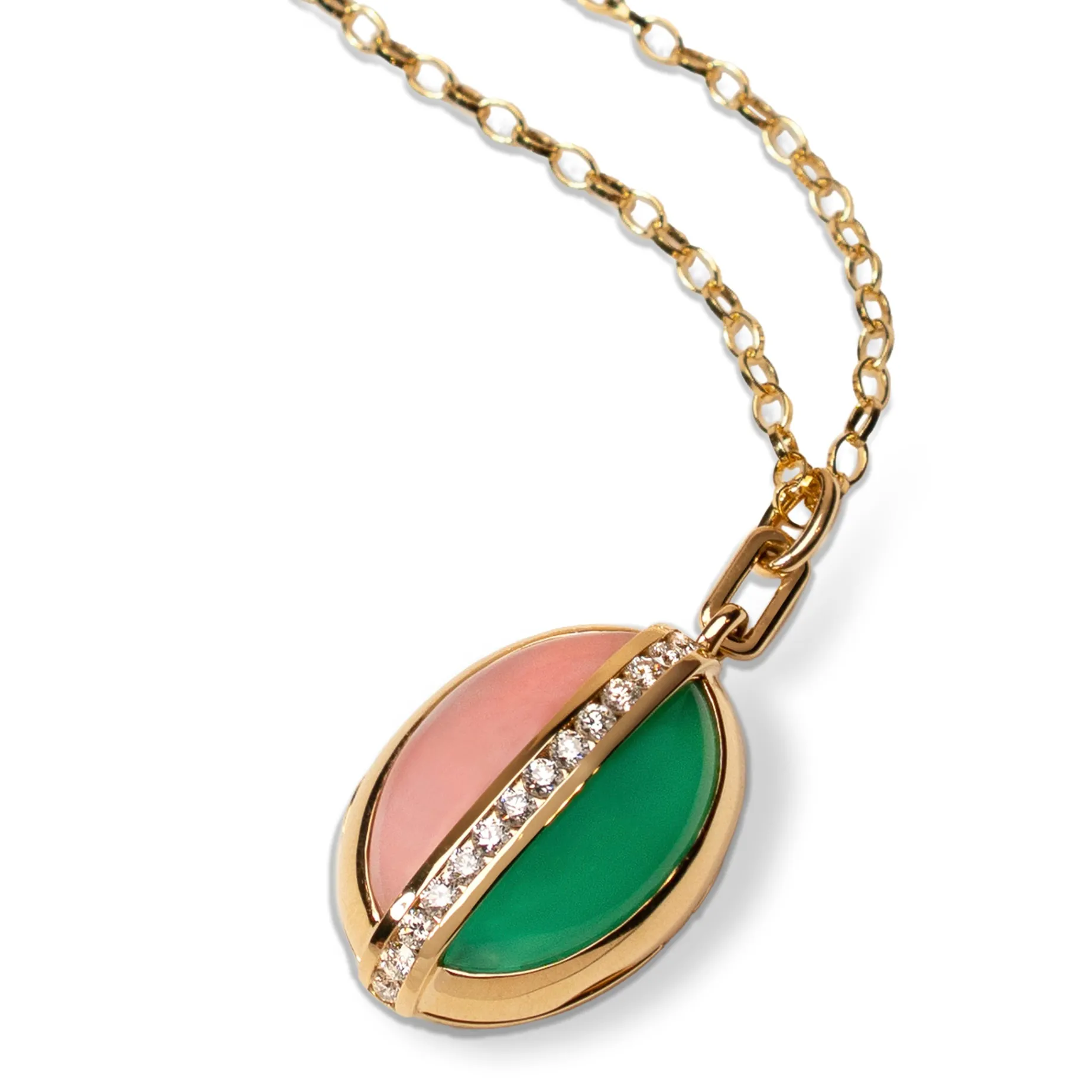 One of A Kind Oval Locket with Pink Opal, Chrysoprase, and Diamond Stripe