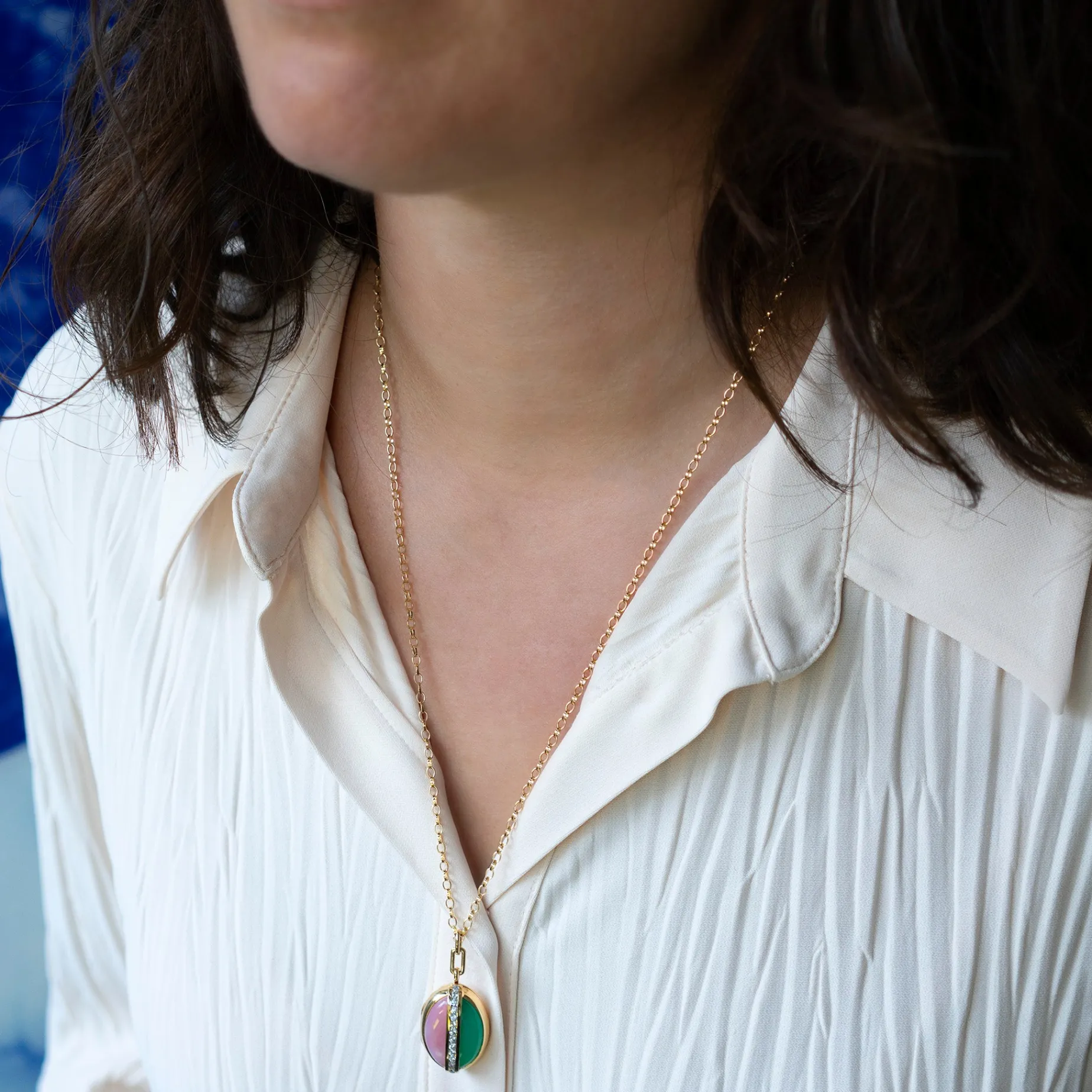 One of A Kind Oval Locket with Pink Opal, Chrysoprase, and Diamond Stripe