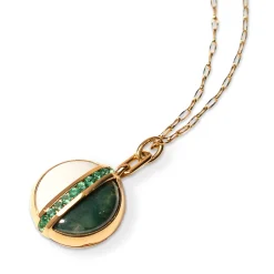 One of A Kind Round Locket with White Opal, Moss Agate and Emerald