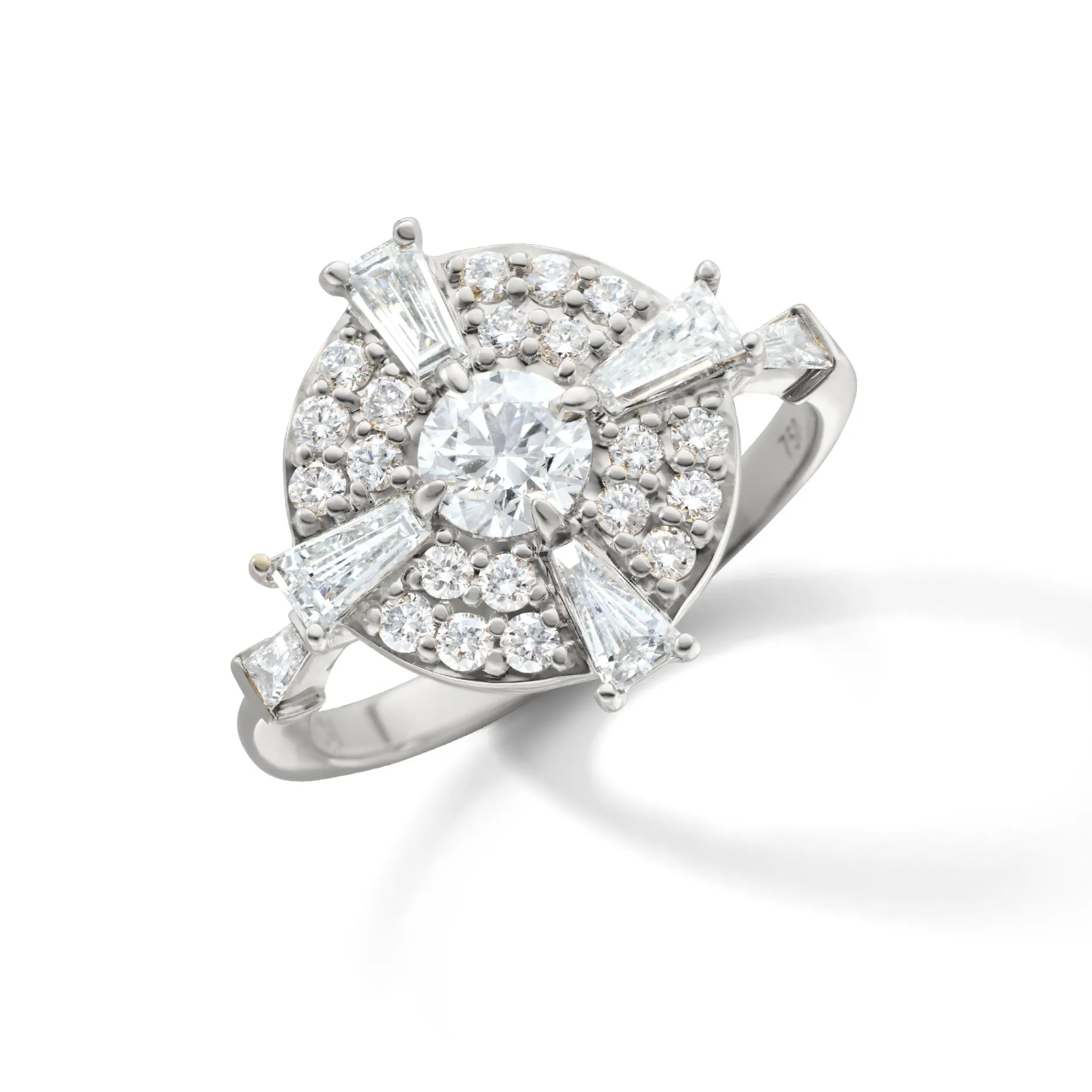 Points North Diamond 18K White Gold Ring with Round and Tapered Baguette Diamonds