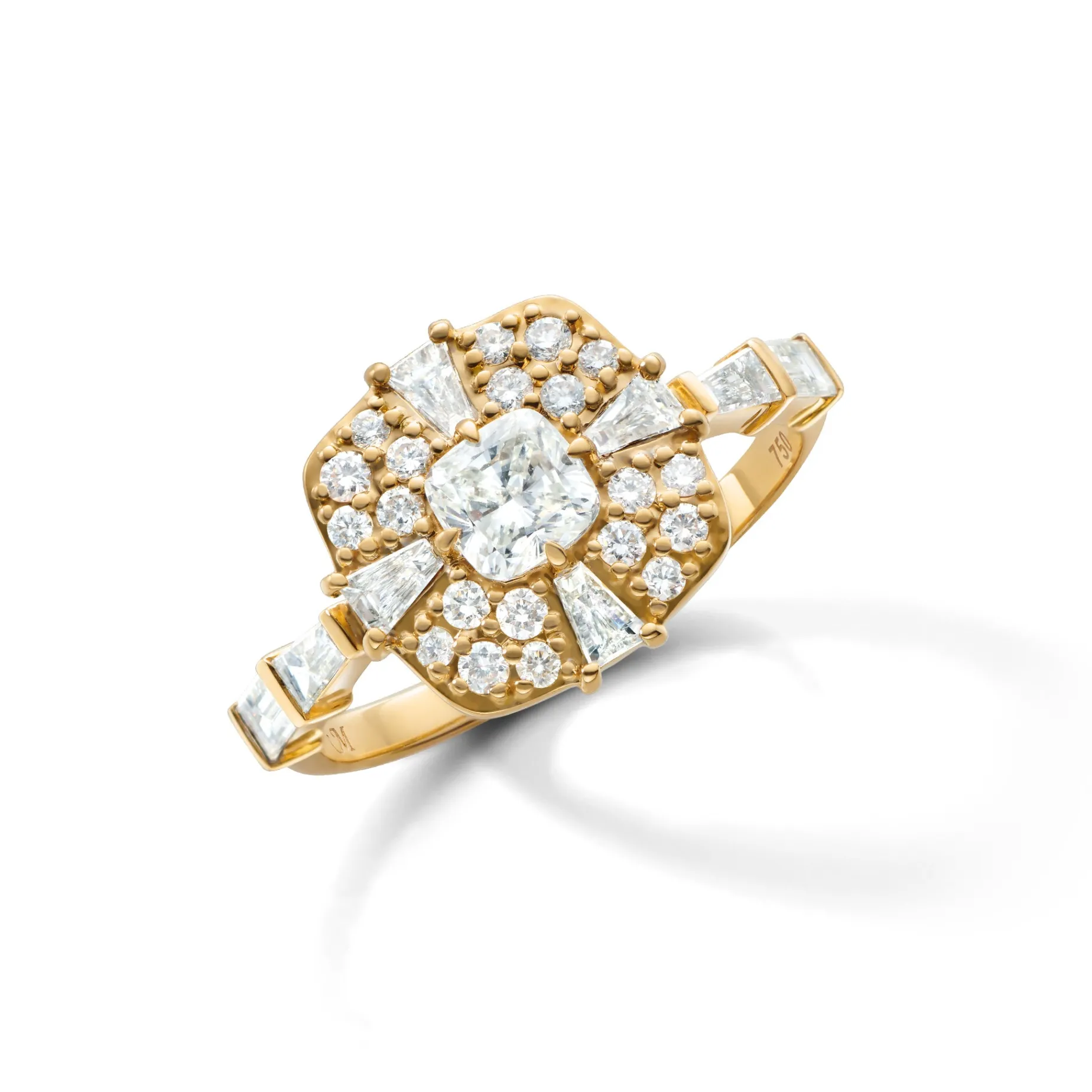 Points North Diamond Ring with Cushion, Baguette and Round Diamonds