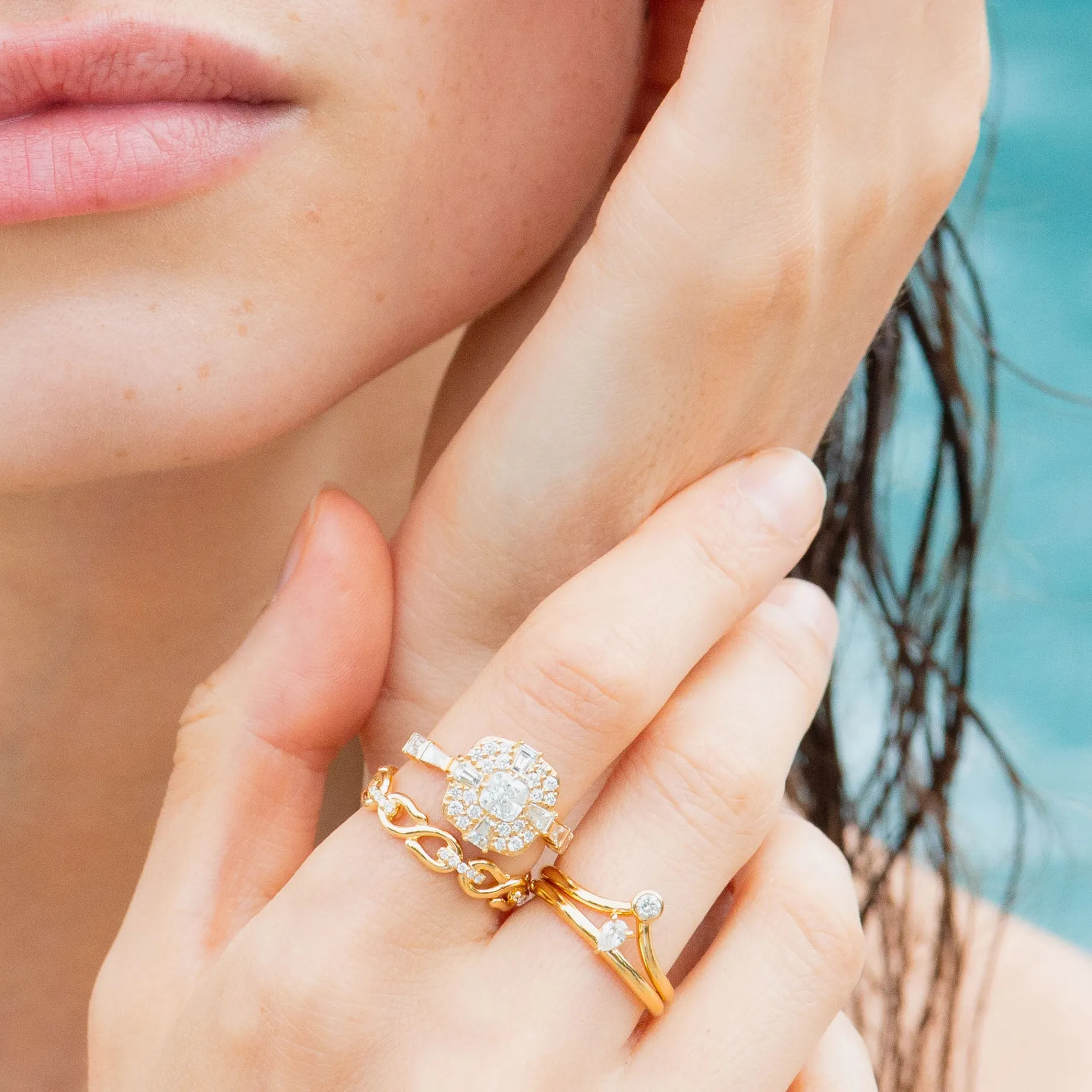 Points North Diamond Ring with Cushion, Baguette and Round Diamonds