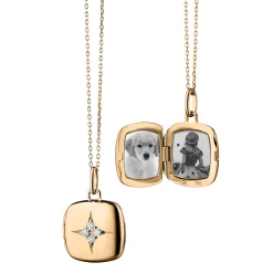 Reclaimed 18k Yellow Gold Locket Necklace with 4 Round Diamonds