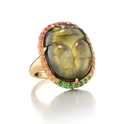Special Edition Spectrolite Carved Scarab Ring with Orange and Yellow Sapphires, and Tsavorite
