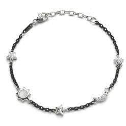Sun, Moon and Stars Moonstone and White Sapphire Steel Chain Bracelet