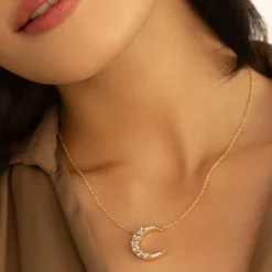Water Opal Midi Crescent Moon Necklace with Diamonds