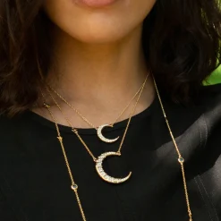 Water Opal Midi Crescent Moon Necklace with Diamonds