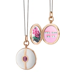 White Enamel and Vermeil Round Locket with Pink Sapphire